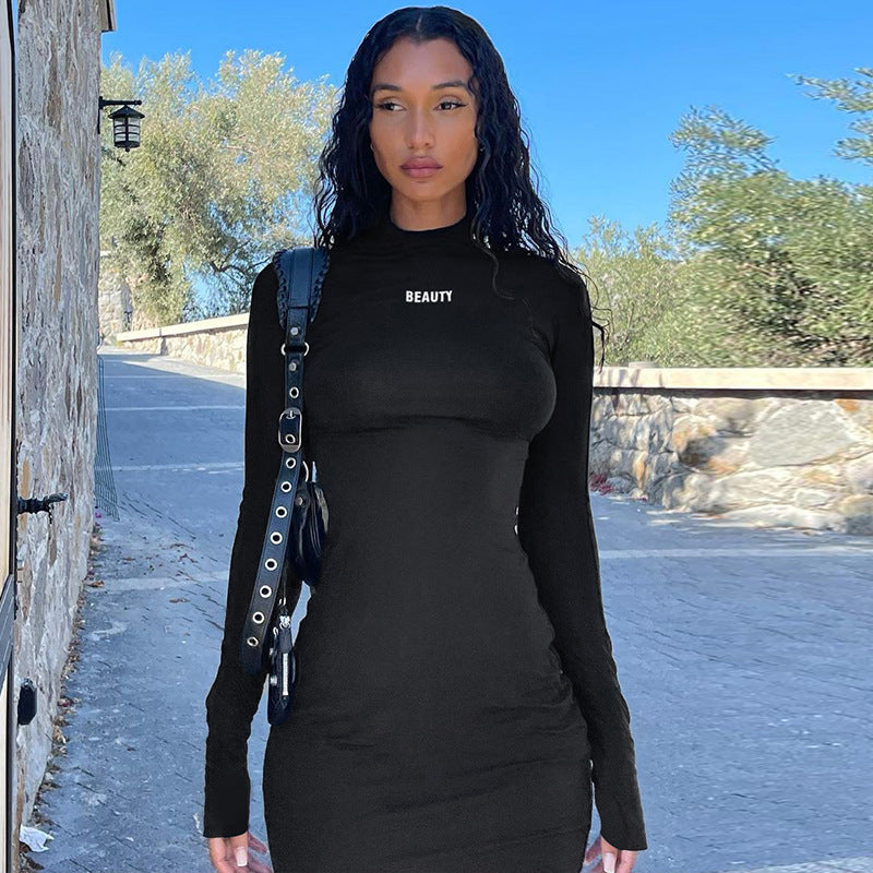 Beauty Print Long Sleeve Stretchy Bodycon Mini Elegant Winter Dress