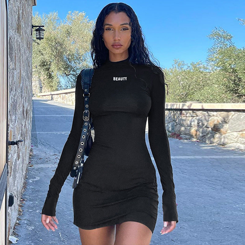 Beauty Print Long Sleeve Stretchy Bodycon Mini Elegant Winter Dress