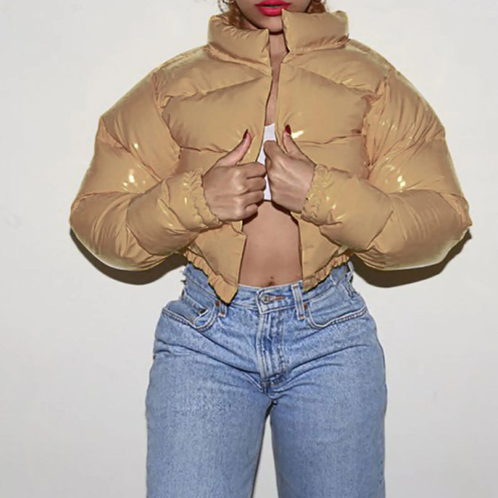 Women Winter Cropped Cotton Coat Shiny Short Cotton Down Coat