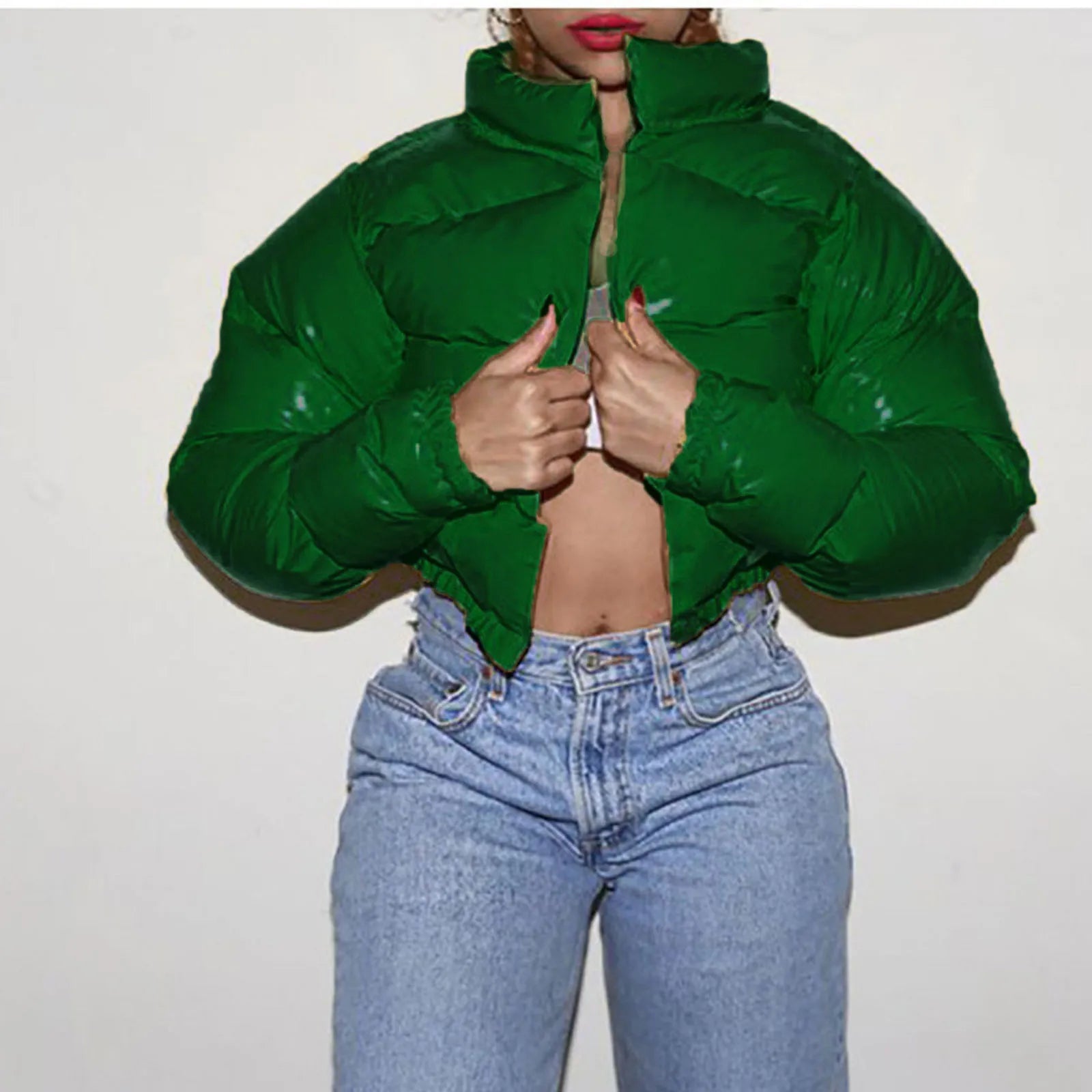 Women Winter Cropped Cotton Coat Shiny Short Cotton Down Coat