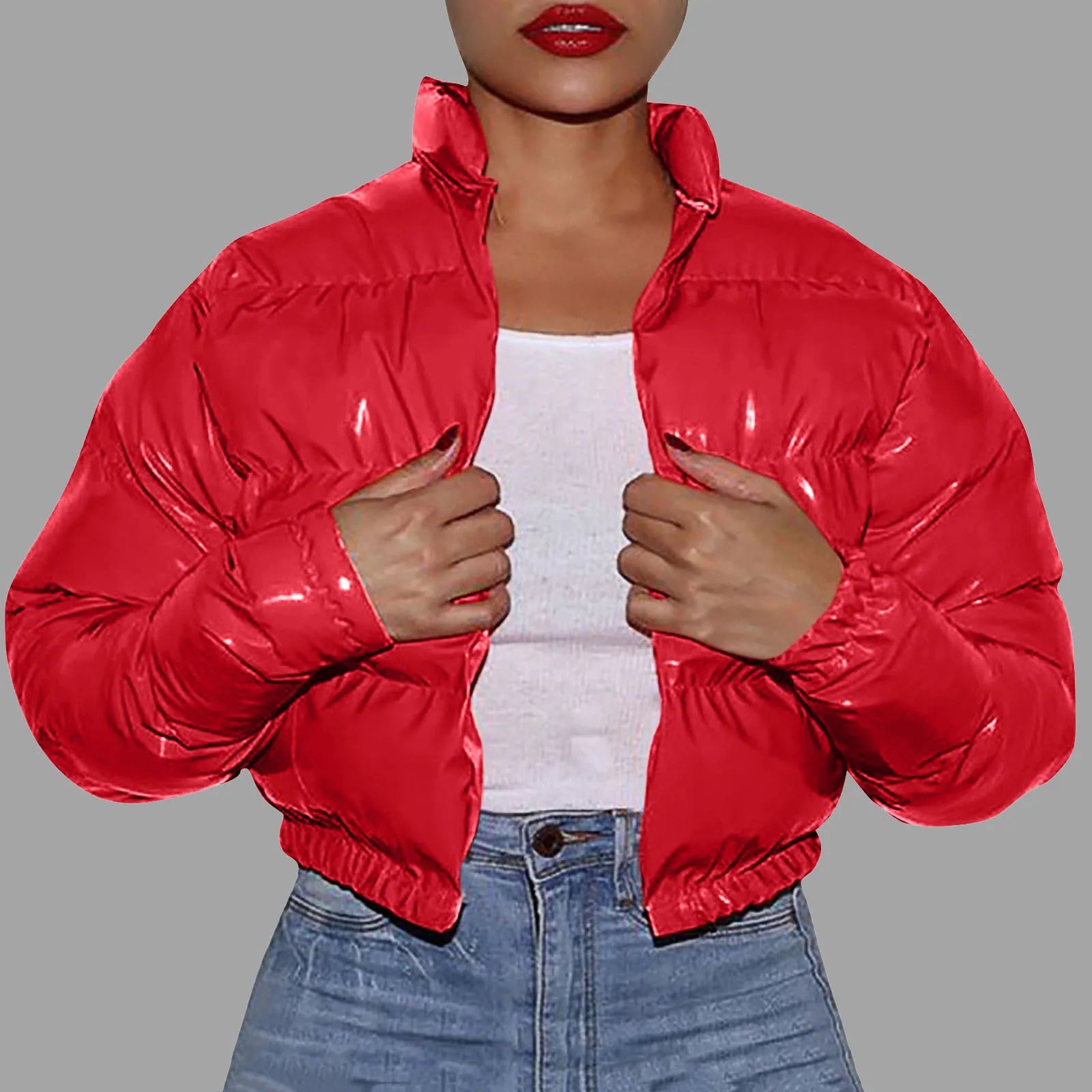 Women Winter Cropped Cotton Coat Shiny Short Cotton Down Coat