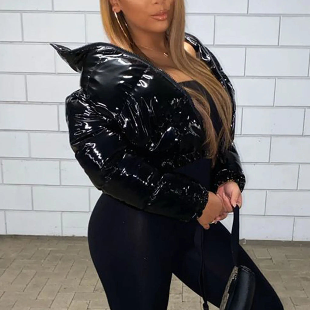 Women Winter Cropped Cotton Coat Shiny Short Cotton Down Coat